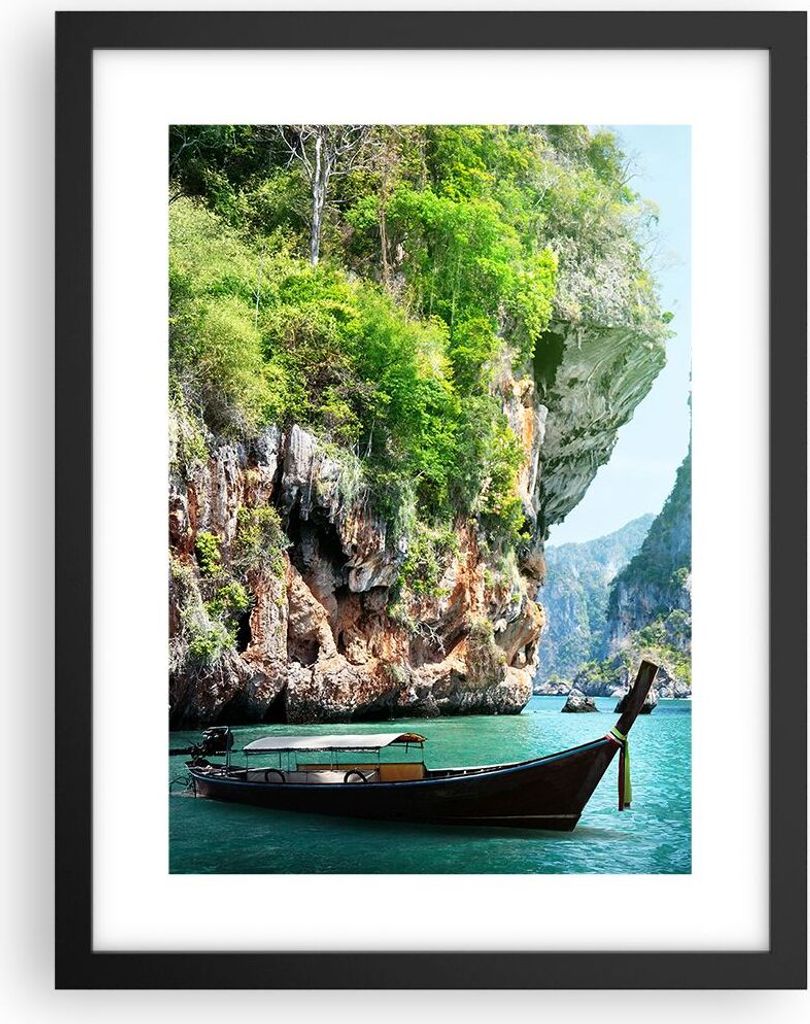 Gerahmtes Poster - Schwarzer Rahmen - Boot Klippen Natur Felsen - 30x40 cm - Wand Bild - Wanddeko - Wandbilder - Wandposter - Bilderrahmen - Bilder...