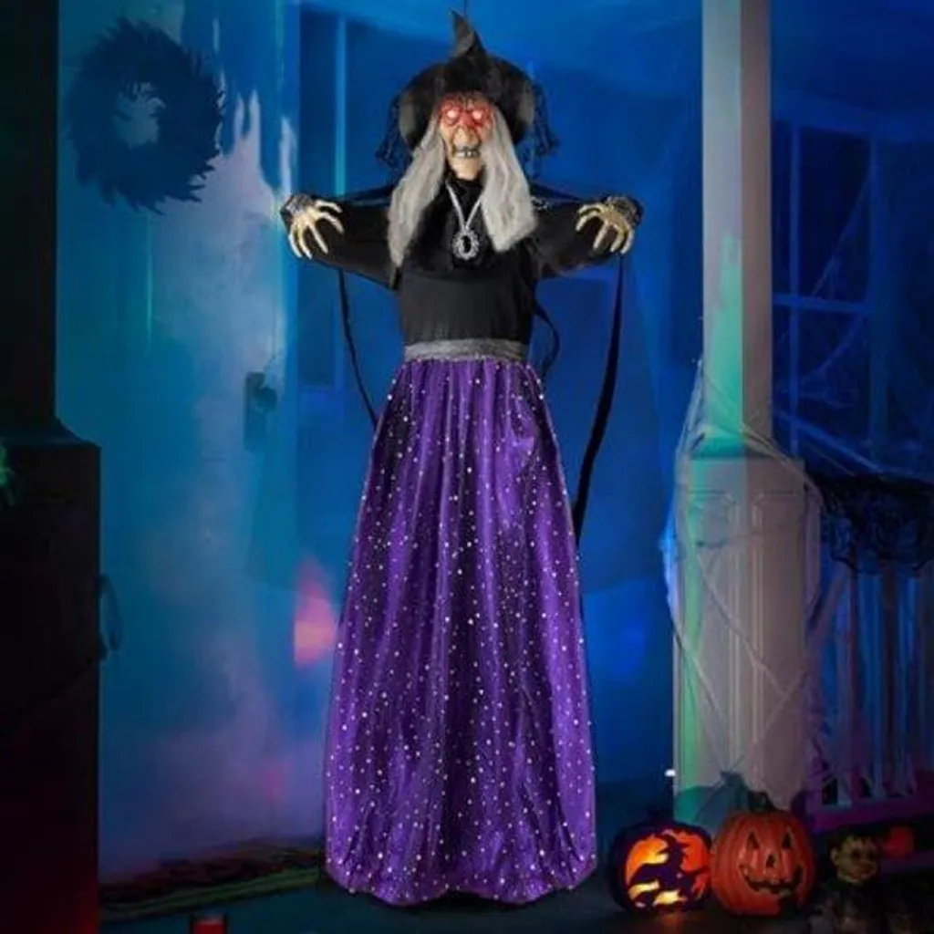 Sorcière suspendue parlante Halloween avec yeux lumineux LED - 180cm