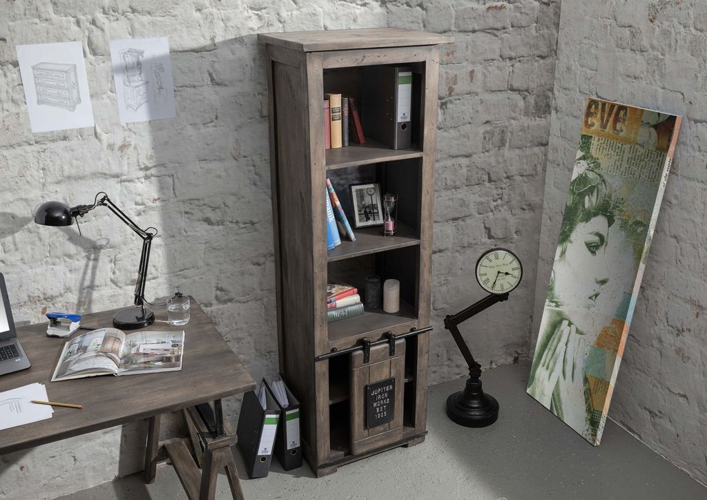 MASSIVMOEBEL24 Bücherregal Mango 60x41x180 grau lackiert RAILWAY #204