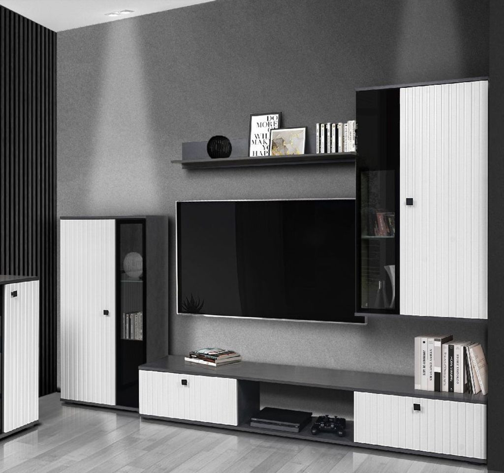 Wohnwand SALSA MDF Front mit LAMELLEN-Fräsung Schrankwand TV-Schrank + Wandregal + 2xVitrine Sideboard Wohnkombi Wohnzimmer Anbauwand Weiß /Matera