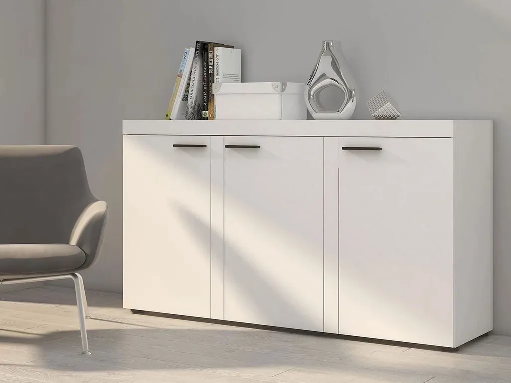 Commode THISE blanc mat - Meuble large avec portes et grand plateau