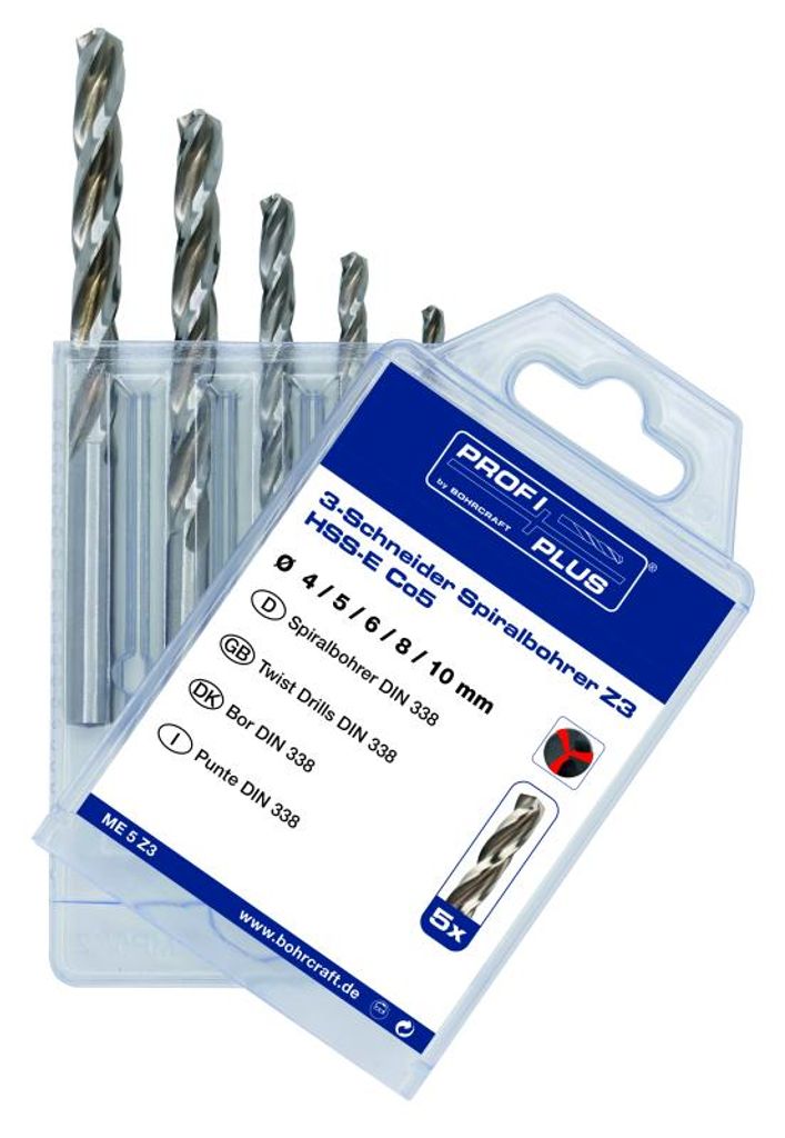 Bohrcraft Spibo Z3 HSS-E Co5 3-Schneider, P-PLUS - 5-tlg. 4/5/6/8/10 mm / ME5 Z3 P-PLUS - (VPE: 1 Stk.)