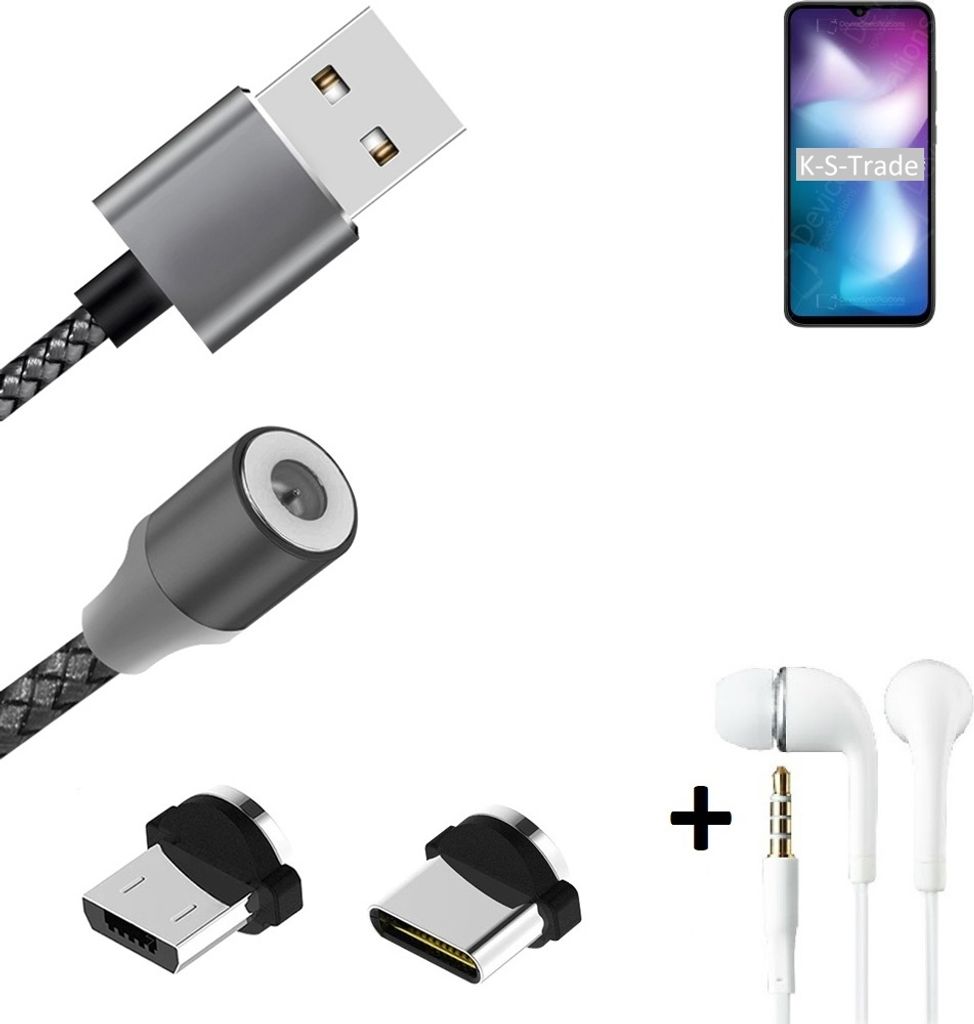 K-S-Trade Hochwertiges Magnet-Lade-kabel Sync-Kabel Daten-Kabel + Kopfhörer kompatibel mit Xiaomi Redmi 9 Activ mit USB-Typ-C-Anschluss und
