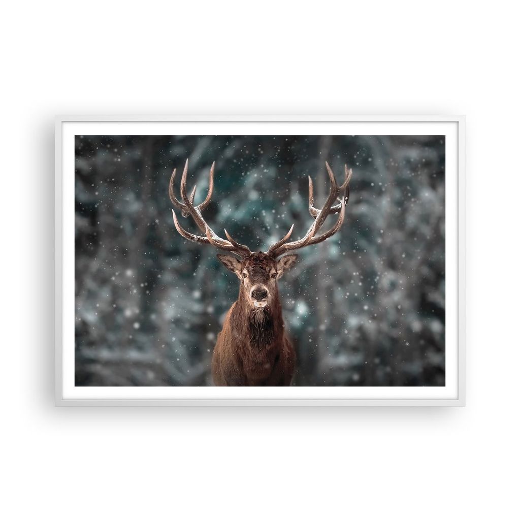 Gerahmtes Poster - Weißer Rahmen - Hirsch Hirsch Winter - 100x70 cm - Wand Bild - Wanddeko - Wandbilder - Kunstposter - Wandposter - Bilderrahmen ...