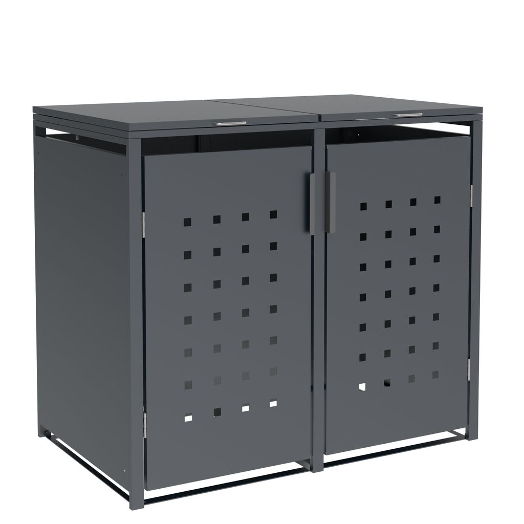 A dark gray metal trash bin enclosure with two doors, each featuring a pattern of small squares.