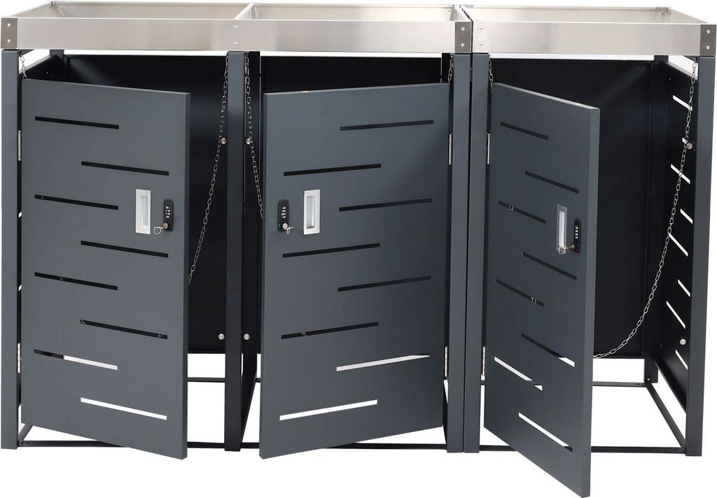 3er-Mülltonnenverkleidung HWC-O67, Mülltonnenbox Mit Pflanzkasten Metall 125x196x84cm 75kg Anthrazit Edelstahl P115440 X2