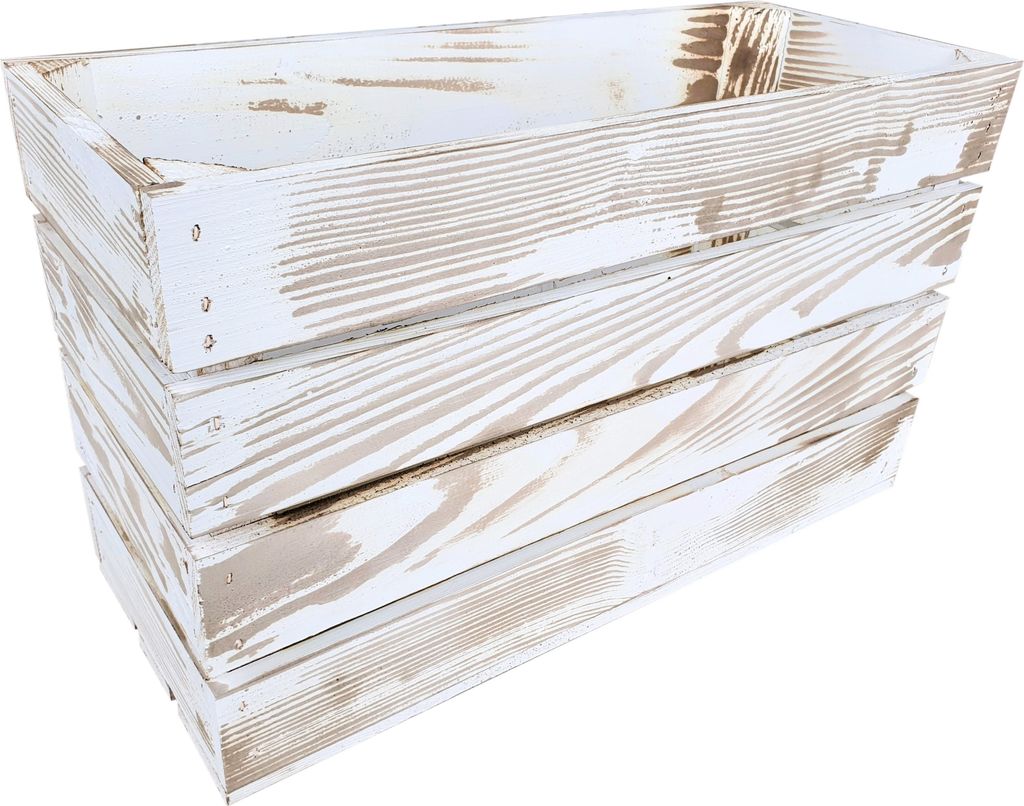 A stack of wooden crates with a distressed white finish.