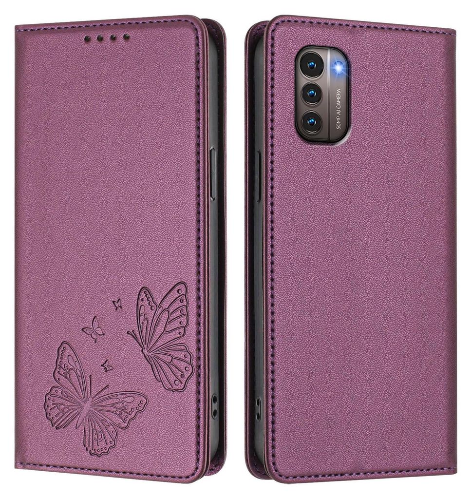 Lederhülle für Nokia G21 /Nokia G11, Schmetterling Prägung Leder Brieftasche Schutzhülle mit Ständer Lila