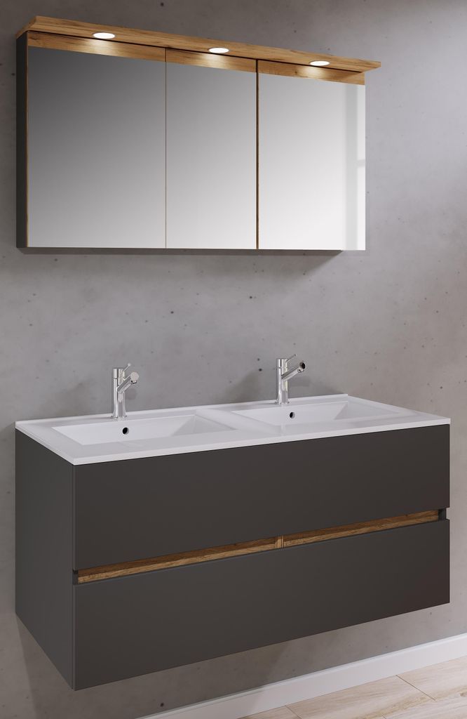 VCM 3-tlg. Doppelwaschtisch Cosila mit Doppel Keramikbecken – Badschrank H. 51 x B. 111 x T. 51 cm mit 2 Softclose-Schubladen, Spiegelschrank mi...