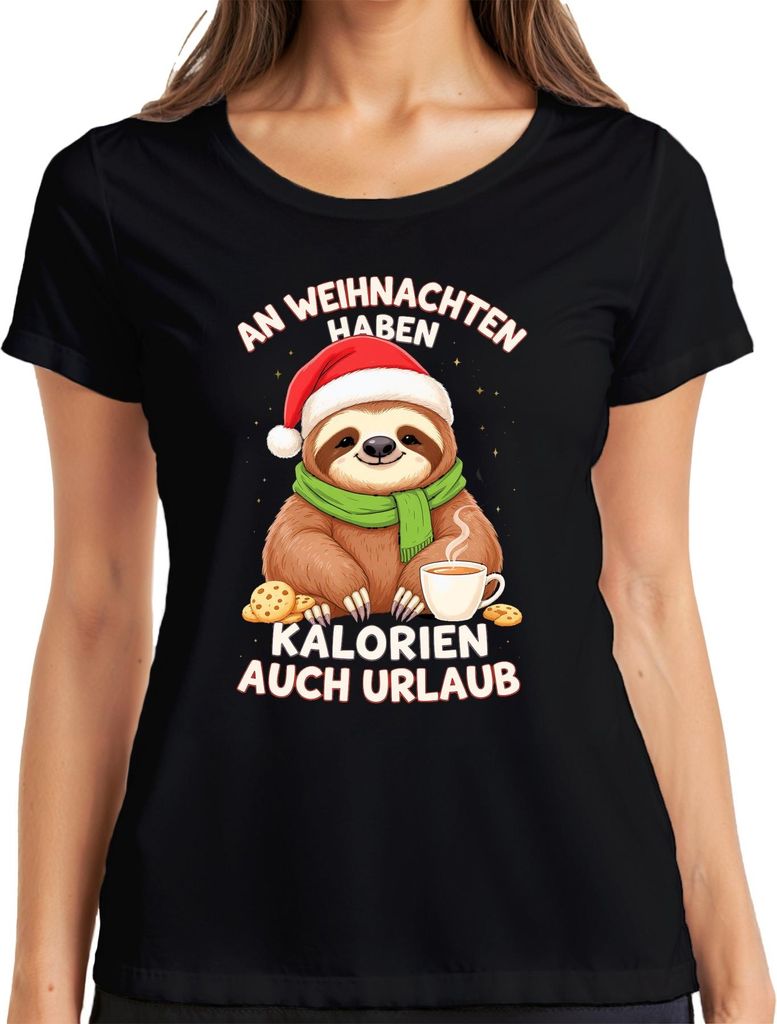 An Weihnachten Kalorien Urlaub Faultier Kekse lustig Geschenk Damen T-Shirt, Schwarz, XL