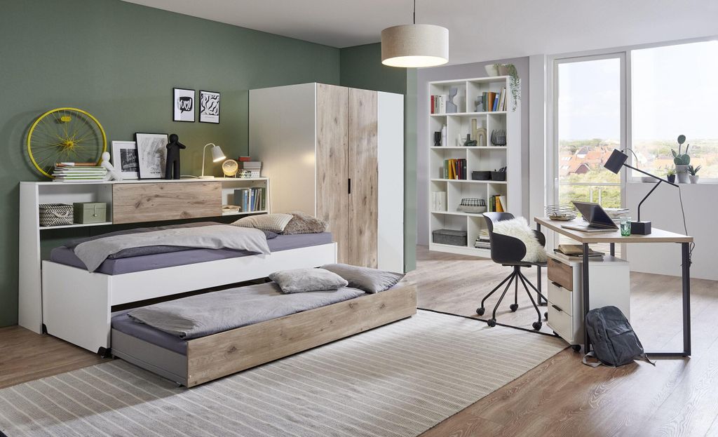 Komplett-Set Jugendzimmer Norderney 7-teilig in Weiß und Viking Oak