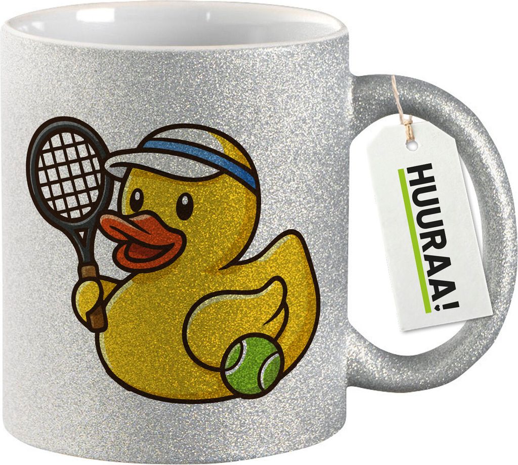 Huuraa Glitzertasse Quietscheente Tennis-Spieler Gummiente Tennissportler 330ml Silber Keramik Kaffeebecher Geschenkidee