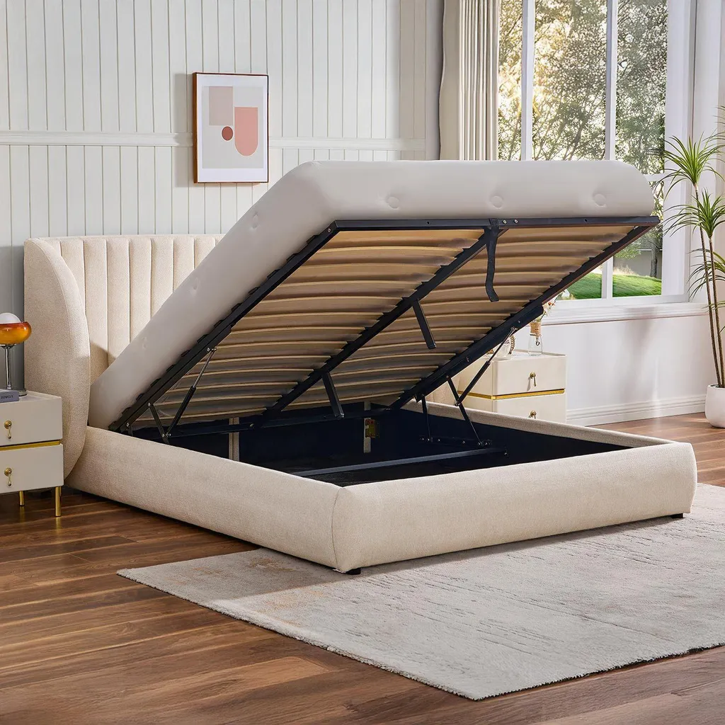 Lit Double avec Coffre de Rangement 160x200 et Tête de Lit Cocon Beige