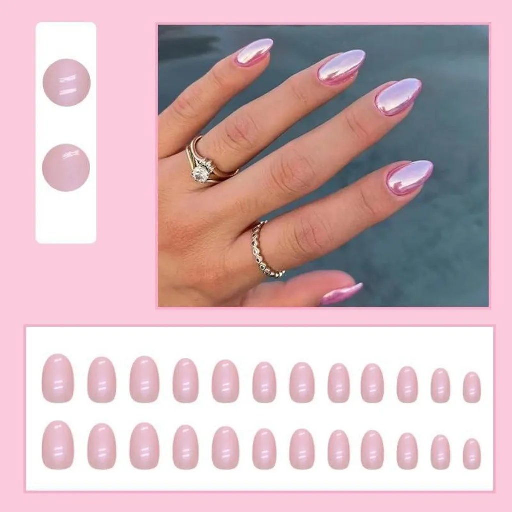 24 Faux Ongles Courts Roses Aurora à Coller Forme Ovale Effet Miroir