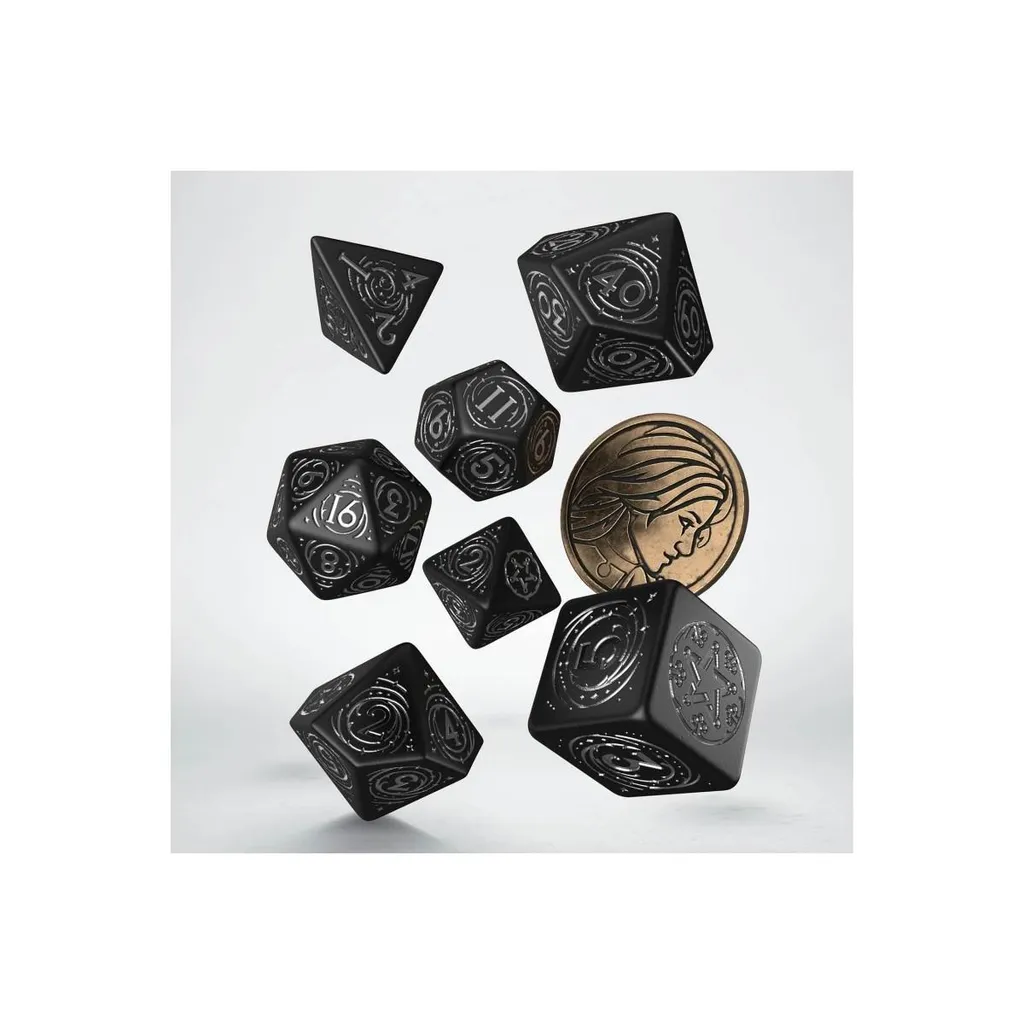 Dés The Witcher Yennefer : Finition obsidienne et gravures argentées 7pcs