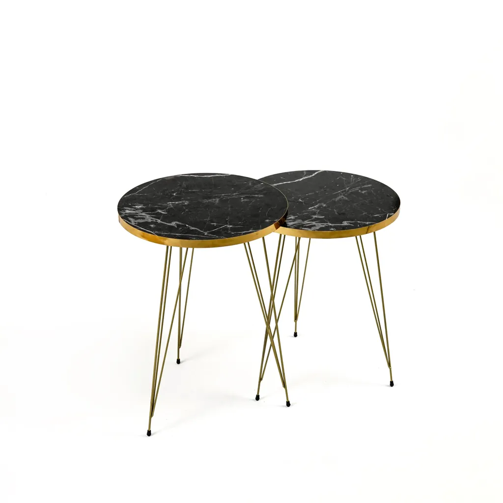 Table gigogne effet marbre noir - Lot de 2 tables rondes style chic - 2
