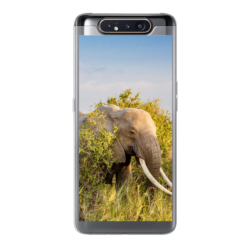 MuchoWow Handyhülle Schutzhülle Hülle für Samsung Galaxy A80 Elefant - Tiere - Gras - Grün - Berg Silikon Softcase Handy Hülle - Schutzdeckel