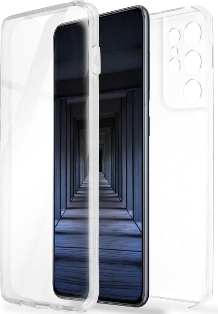 A clear phone case is shown with a smartphone inside, displaying a tunnel-like image.