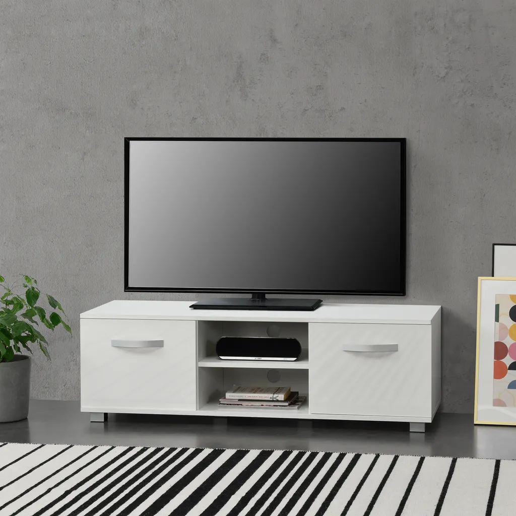 Meuble TV Blanc 120 cm à Portes et Compartiments de Rangement Lowboard