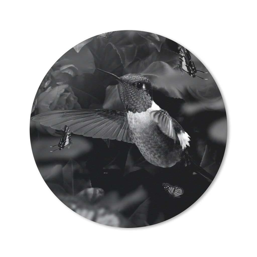 MuchoWow Mauspad Mousepad Kolibri zwischen lila Blumen und Schmetterlingen - schwarz und weiß 40x40 cm - Mousepads - Maus Mat - Pad - Mausunterl...