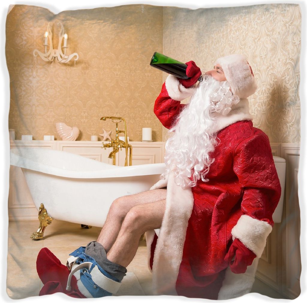 Wallario Premium Kissen, weiche Oberfläche, mit Motiv Betrunkener Weihnachtsmann mit Weinflasche auf dem Klo, Größe: 40 x 40 cm, mit weißer Rü...