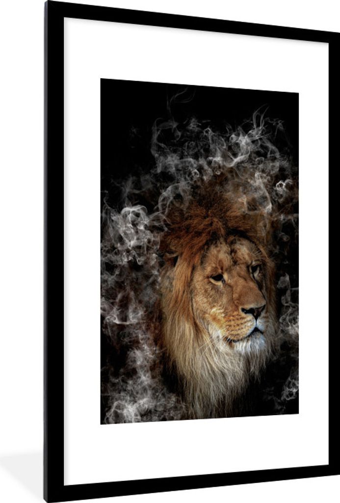 MuchoWow MuchoWow Gerahmtes Poster Löwe - Rauch - Abstrakt 60x90 cm - Poster mit zchwarzem Bilderrahmen - Dekoration - Wandposter Wohnzimmer -...