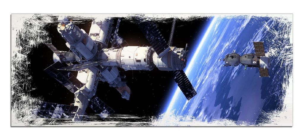 Wallario Kunstdrucke Wandbilder Holz in : Brillante Farben, Größe 50 x 125 cm Motiv Raumfahrt - Raumstation und Raumschiff im Weltall