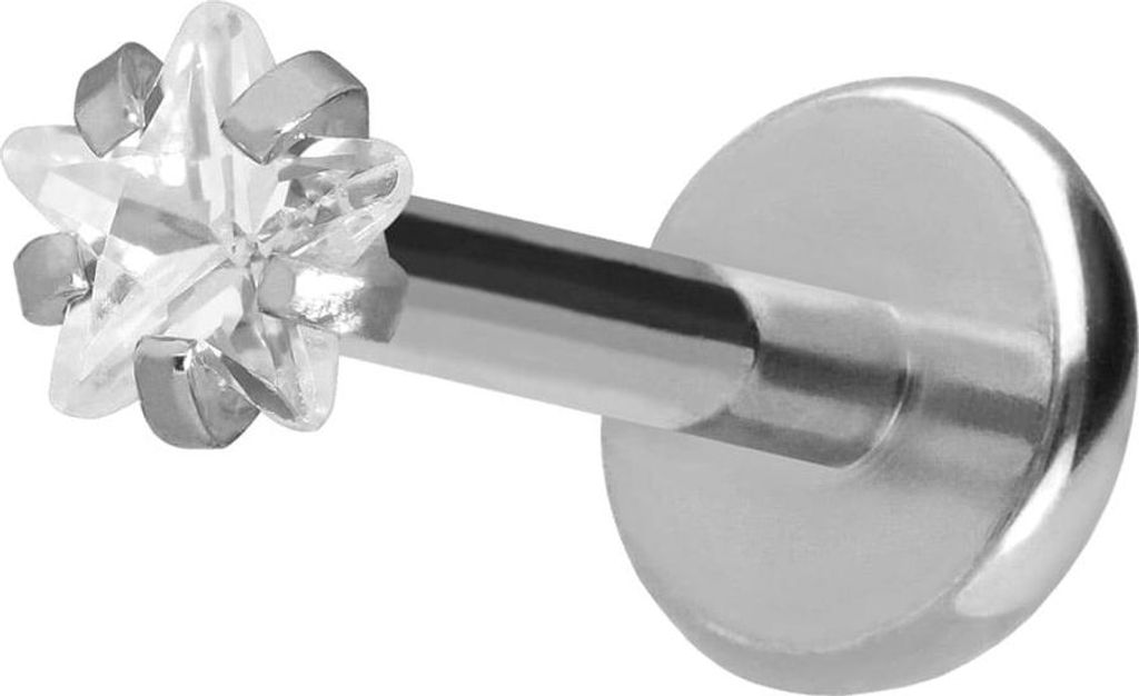 Ohrpiercing, Nasenpiercing Titan Labret mit Push Fit KRISTALLSTERN Silber Stablänge: 8mm | Stabstärke: 1mm