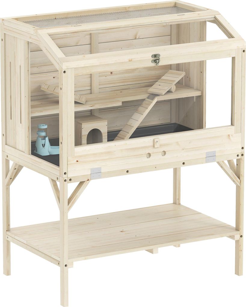 Hamsterkäfig, 2 Ebenen, Kleintierkäfig mit Aufbewahrungsfach, Zubehör, 84 x 53 x 110 cm, Naturholz