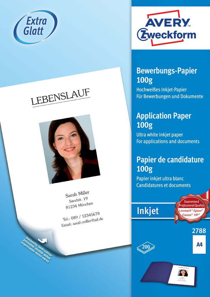 Avery Zweckform 2788 Inkjet Bewerbungspapier, DIN A4, Produktbild 