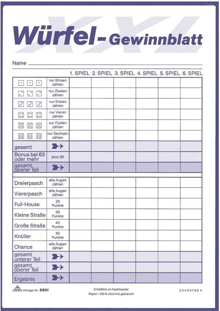 Feuille de Gains de Jeux de Dés Bloc de Score XXL A5 RNK Verlag