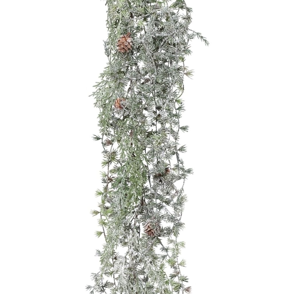 Künstliche Lärchengirlande mit Zapfen. 110cm. Winterdeko Gefrostet