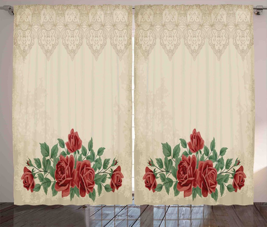 ABAKUHAUS Glanz Rustikaler Vorhang, Vintage Liebe rote Rosen, Wohnzimmer Universalband Gardinen mit Schlaufen und Haken, 280 x 225 cm, Beige Grün