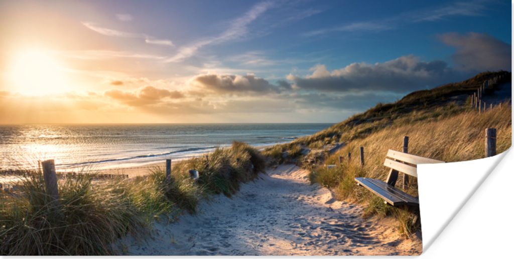 MuchoWow Poster Sonnenuntergang - Strand - Düne - Gras - Bank 150x75 cm - ohne Rahmen