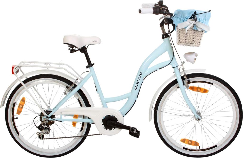Goetze Mood 24 Zoll Laufrad, 14 Zoll Tiefeinstiegrahmen, V-Bremse, 6-Gang Shimano Tourney, Komfortsattel, LED-Beleuchtung, Korb mit Bezug!