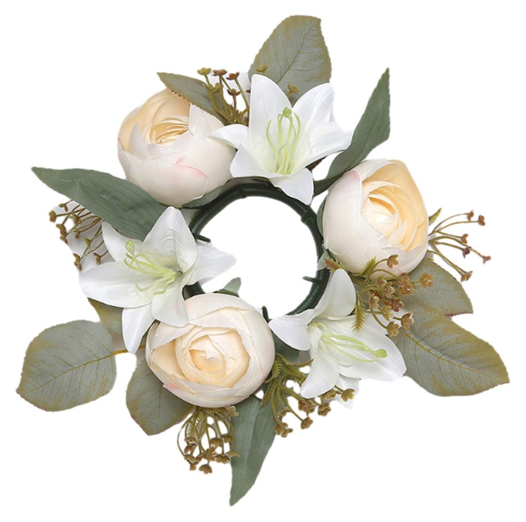 Mini-Kerzenkranz mit realistischer Lilien- und Rosengirlande aus Kunststoff, inklusive Kerzenhalter, ideal als Tischdekoration für Hochzeiten, Par...