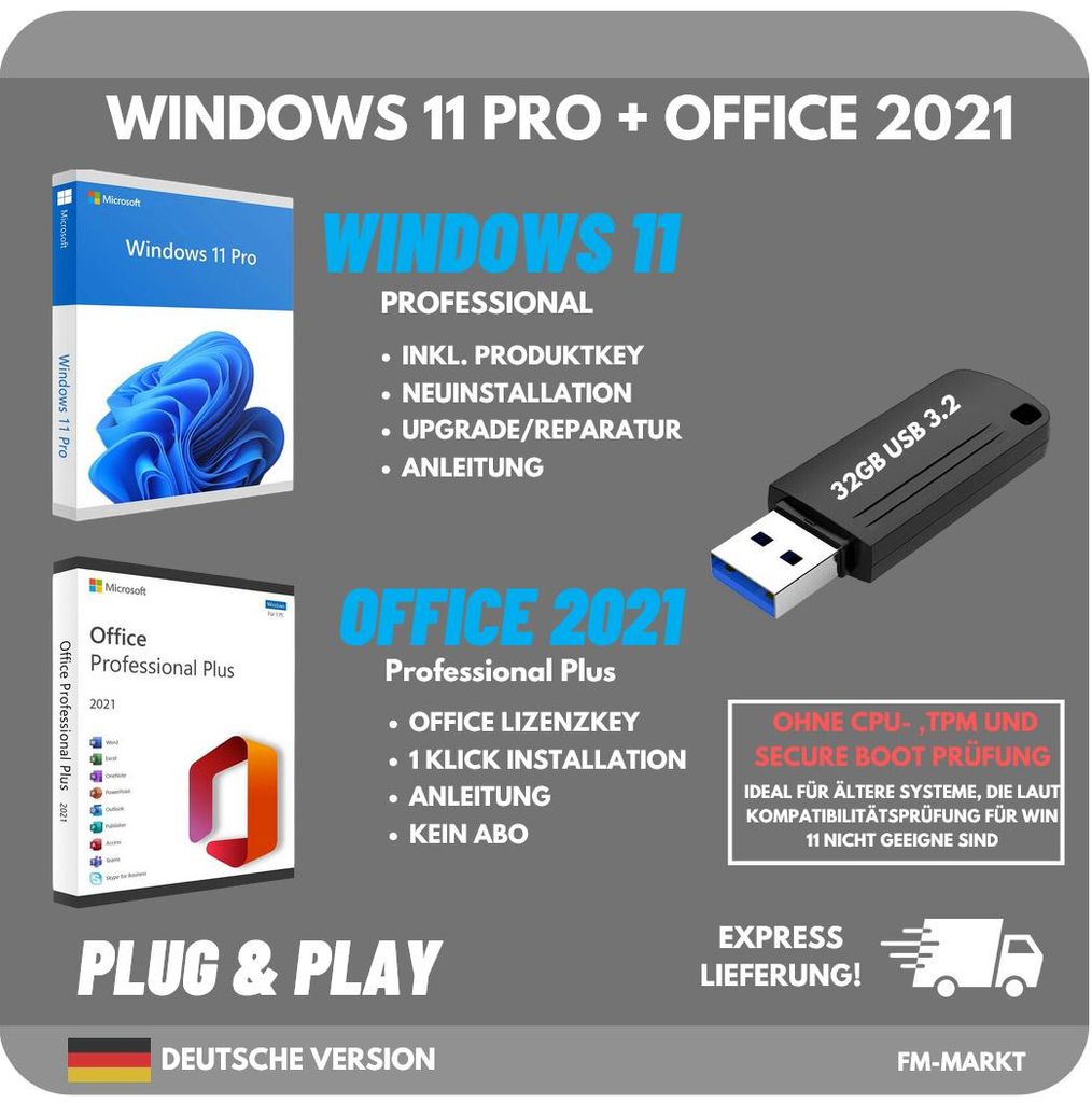 Windows 11 PRO + Microsoft Office 2021 Professional Plus | 32GB USB 3.2 Installationsstick | inkl. Lizenzschlüssel | OHNE TPM 2.0 | Bundle Set