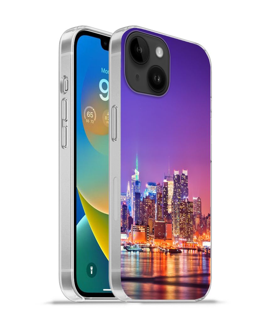 MuchoWow Handyhülle Schutzhülle Hülle für Apple iPhone 14 - Softcase New York - Skyline - Lila Silikon Softcase Handy Hülle - Mobiltelefonh...