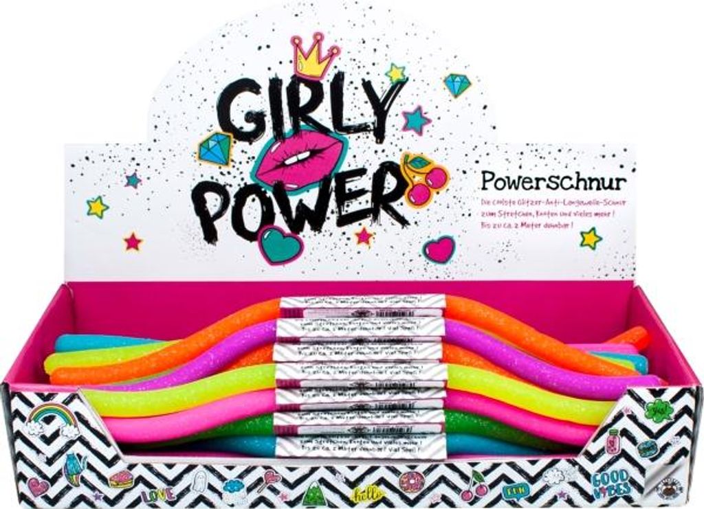 A display box of colorful, glittery tubes labeled 'Girly Power'.