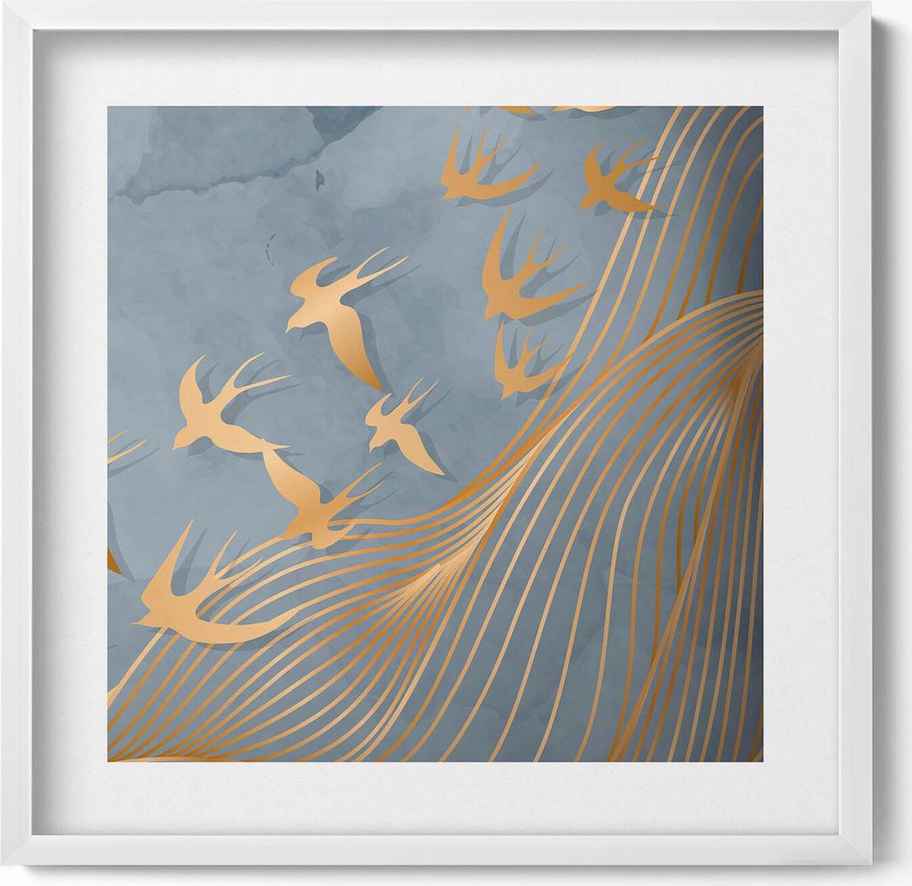 Illustration von fliegenden Vögeln– Wandbild mit Rahmen – Gerahmtes Bild – Wanddekoration – 50x50 cm – Weiß Rahmen