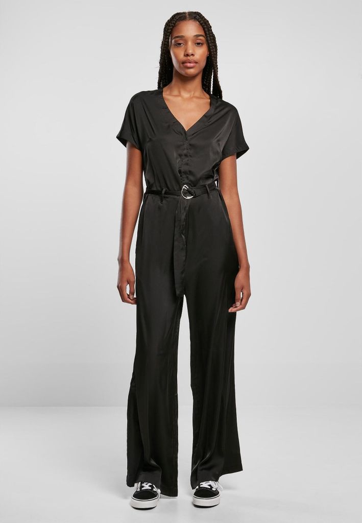 TB5072 - Ladies Satin Wide Leg Belt Jumpsuit black XS