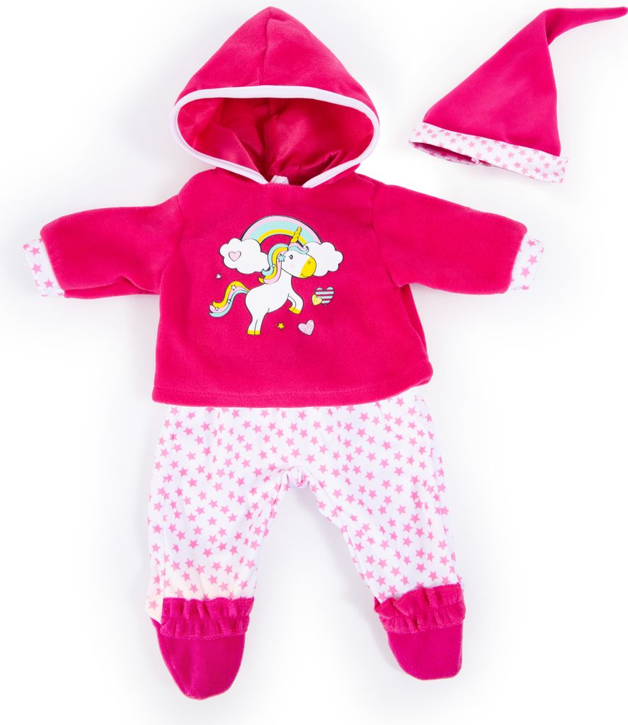 Bayer Design 84690AA Puppenkleidung für 40-46cm Puppen, Hose, Oberteil und Mütze, Set, Outfit mit Einhorn und Regenbogen, pink
