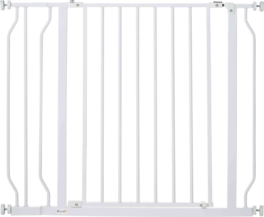 A white metal baby gate is shown against a white background.