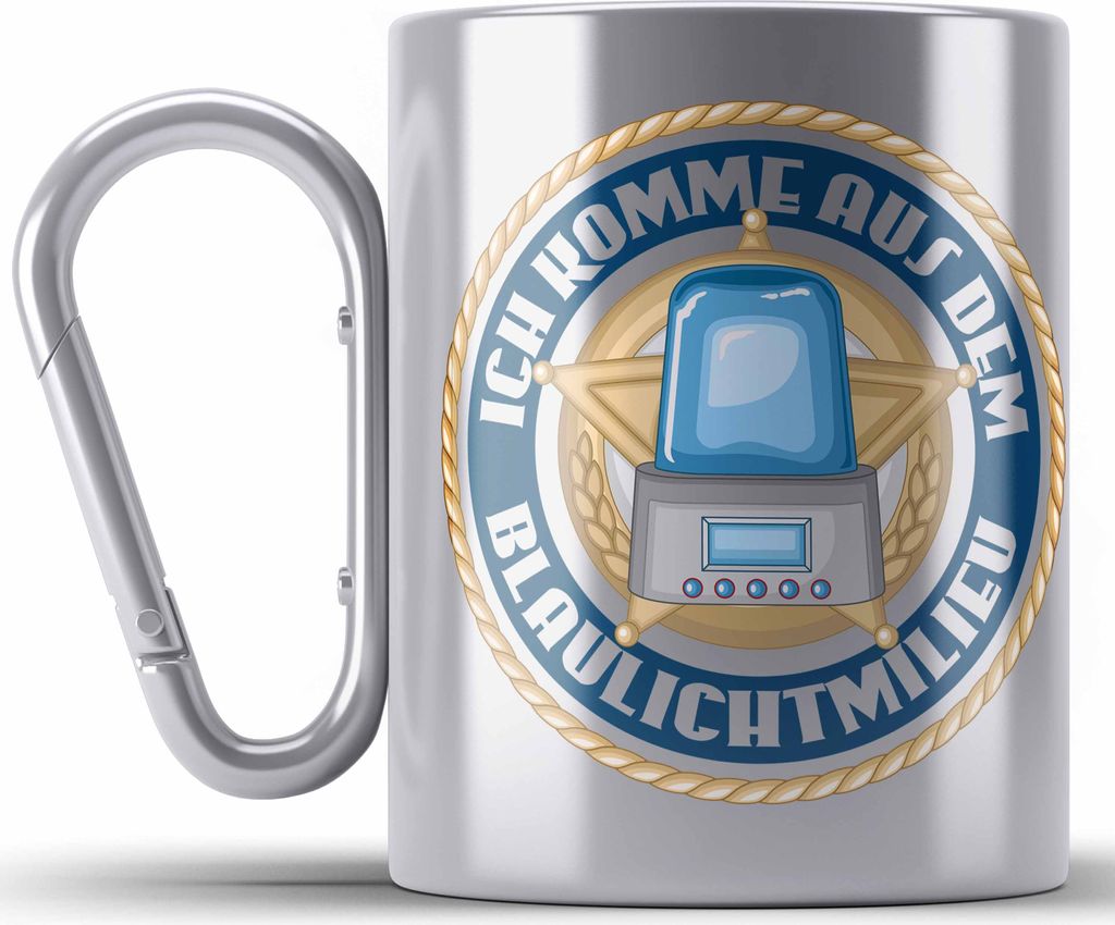 Trendation - Polizist Geschenk Edelstahl Tasse Karabiner mit Spruch Geschenke Polizei Männer Lustig Blaulichtmilieu (Silber)