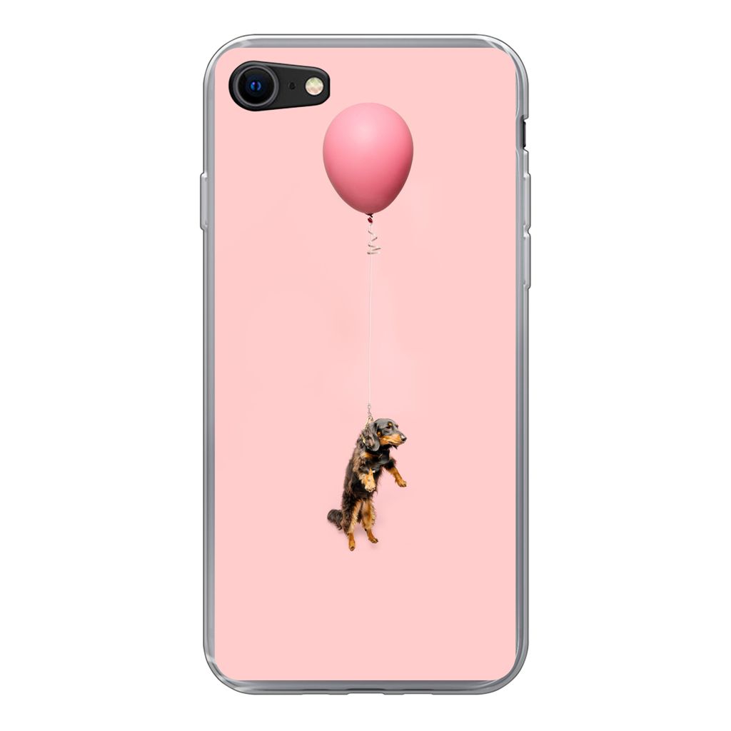 MuchoWow Handyhülle Schutzhülle Hülle für iPhone SE 2022 Dackel schwebt durch einen Ballon nach oben Silikon Softcase Handy Hülle - Schutzh...