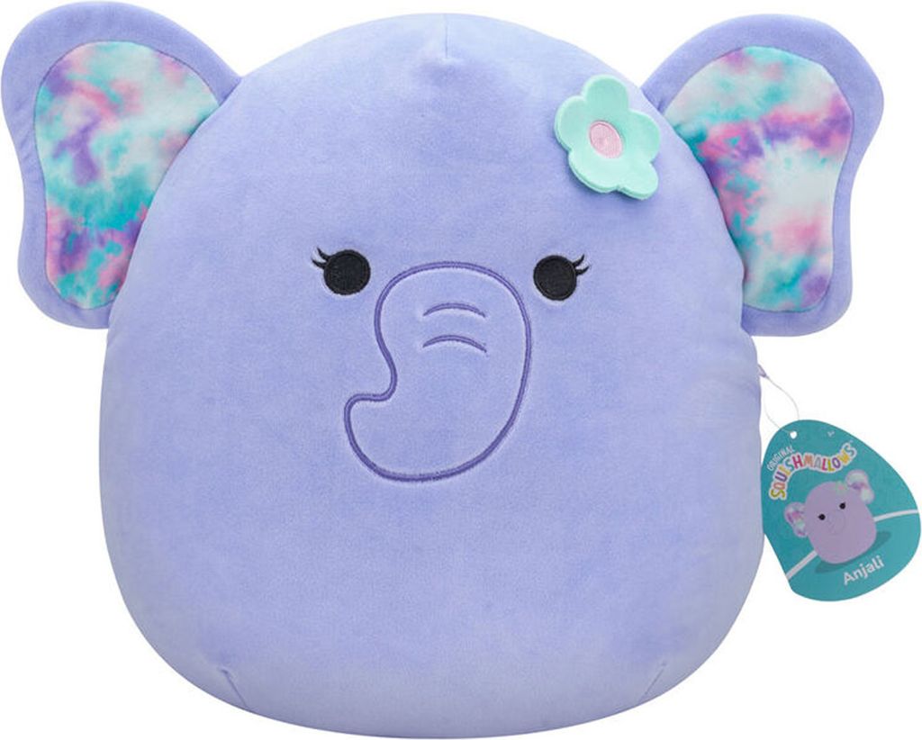 A plush toy elephant named Anjali, part of the Squishmallows series.