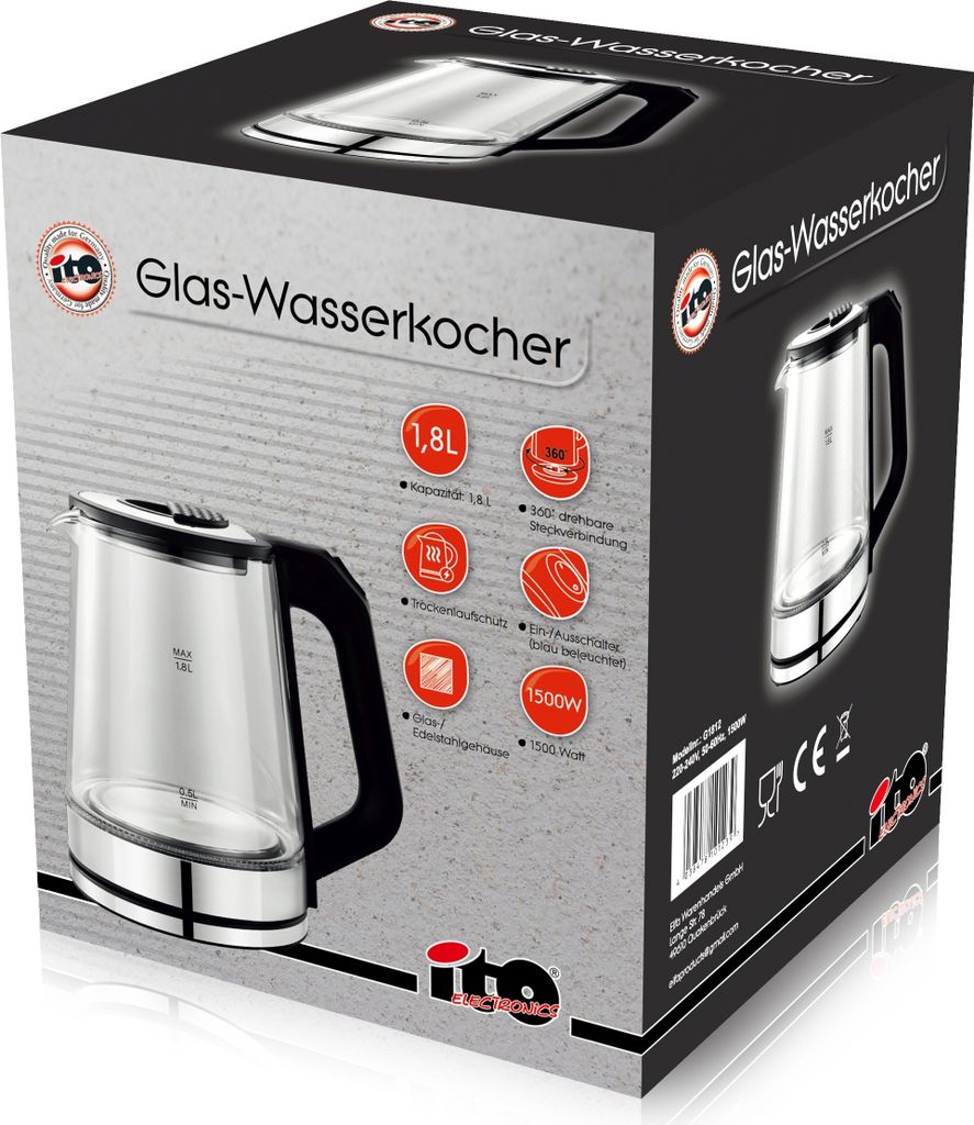 elektrischer Wasserkocher aus Glas und Edelstahl 1,8L Glas-Wasserkocher mit LED-Beleuchtung, und drehbareren Sockel 360°