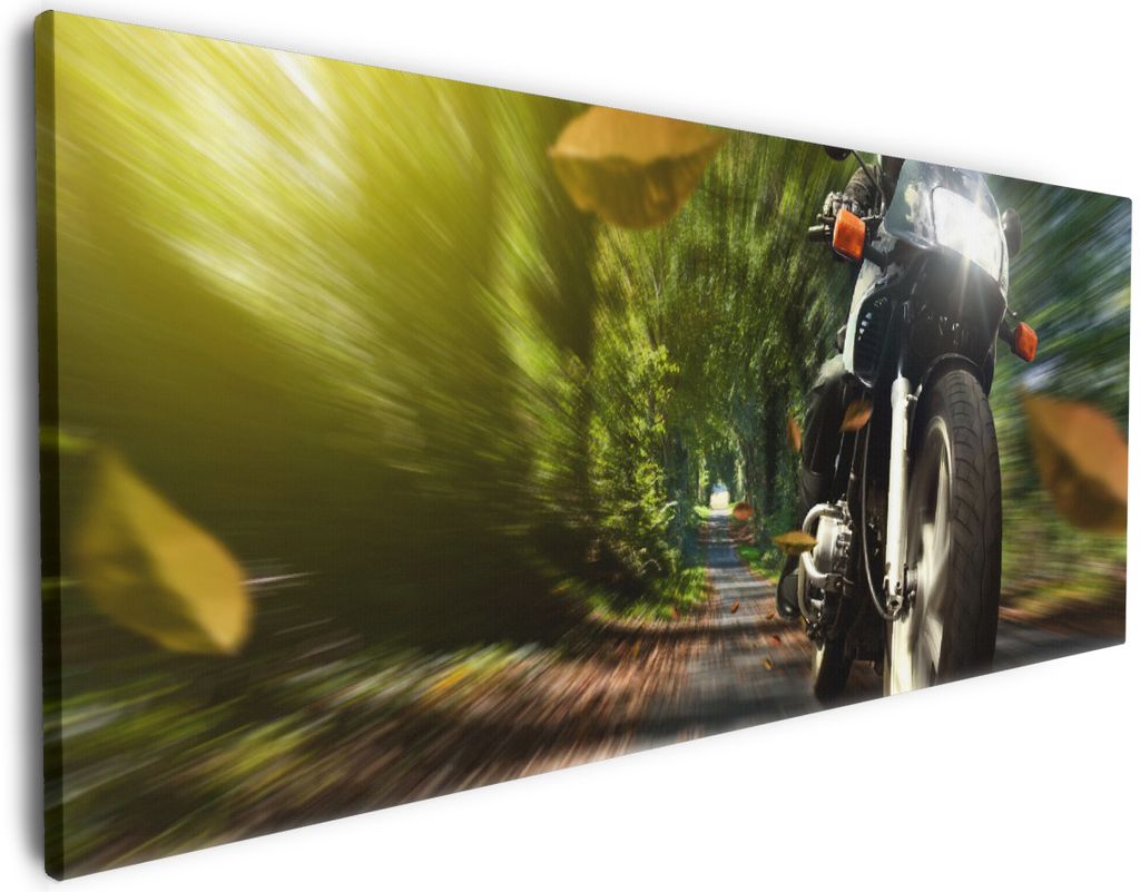Wallario Premium Leinwandbild Fahrendes Motorrad im Wald mit Herbstlaub in Größe 60 x 150 cm