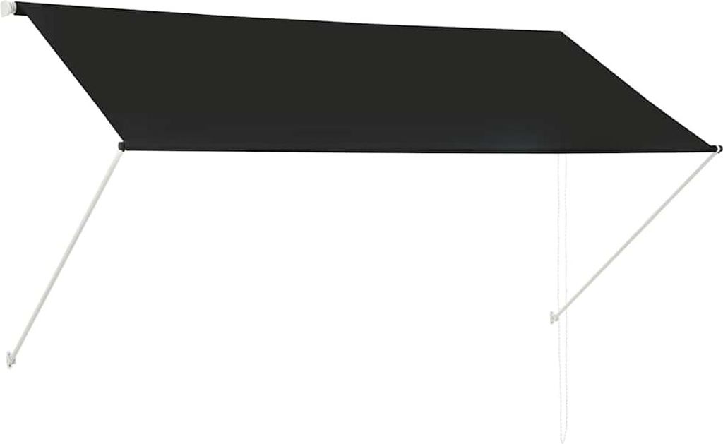 A black retractable awning is shown against a white background.