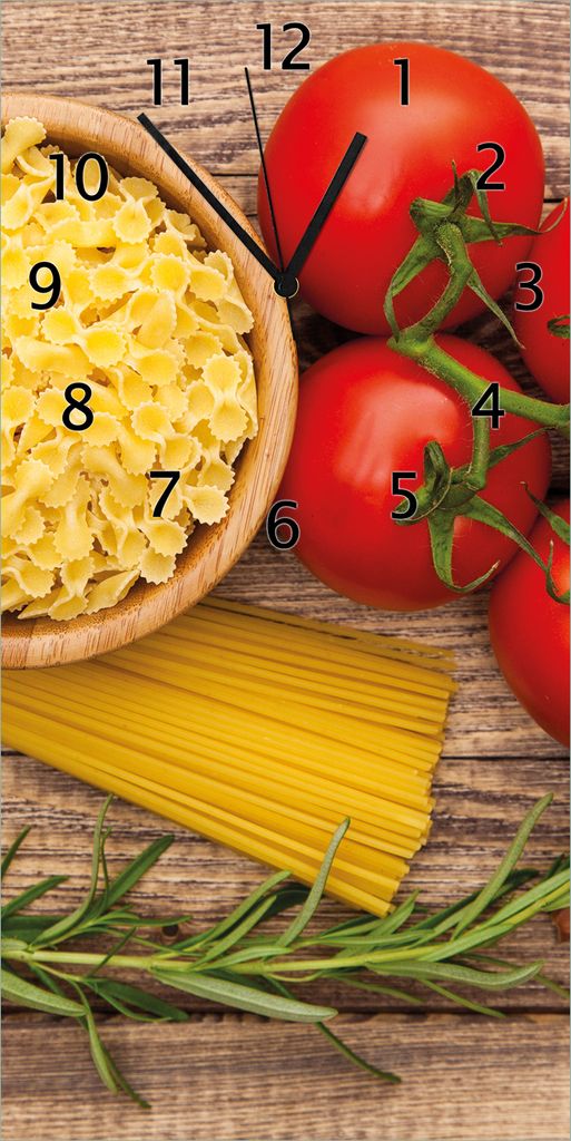 Wallario Design Wanduhr Spaghetti mit Tomaten, Knoblauch und Basilikum aus Echtglas, Größe 30 x 60 cm